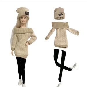 Barbie doll clothes - 4 piece set 
Leggings, Beige Sweater, Beige Beanie, Boots